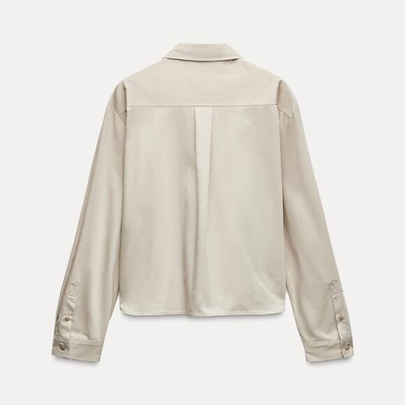 Zara NWT Satin Effect Twill Shirt 100% Cotton Long Sleeves Collared Beige Sz M - Picture 6 of 8